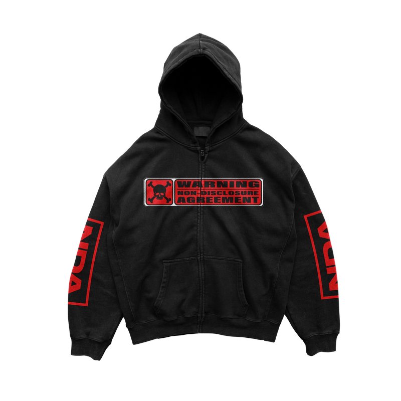 WARNING NDA ZIP HOODIE - BLACK